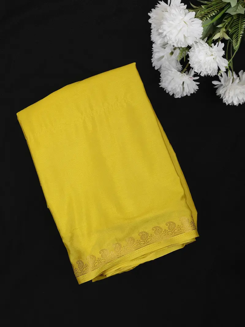 Lemon Yellow Solid Design Mysore Silk Saree With Paisley Border 1
