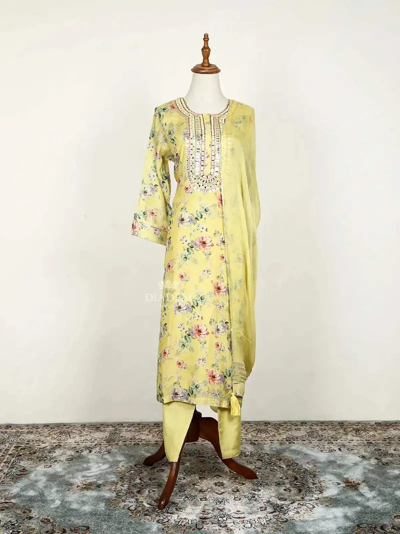 Lemon Yellow Straight Cut Salwar Suit Adorned With Floral Prints And Mirror Work Along With Dupatta 1