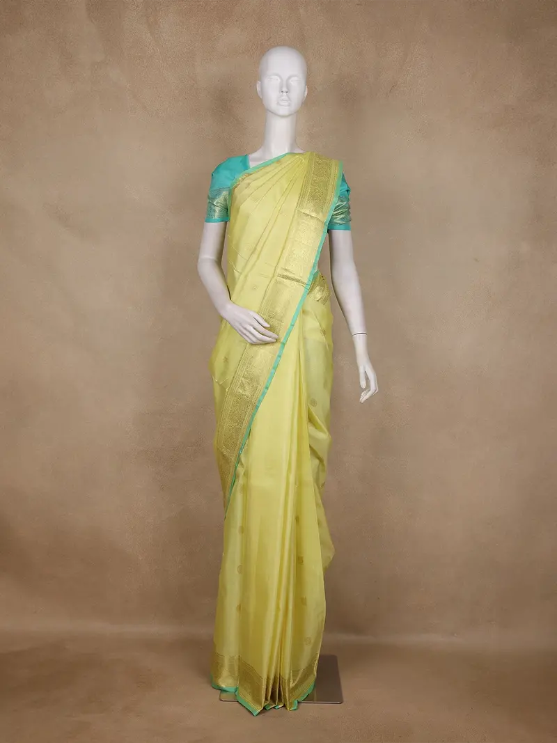Lemon Yellow Zari Butta Woven Design Banarasi Saree With Contrast Border 1