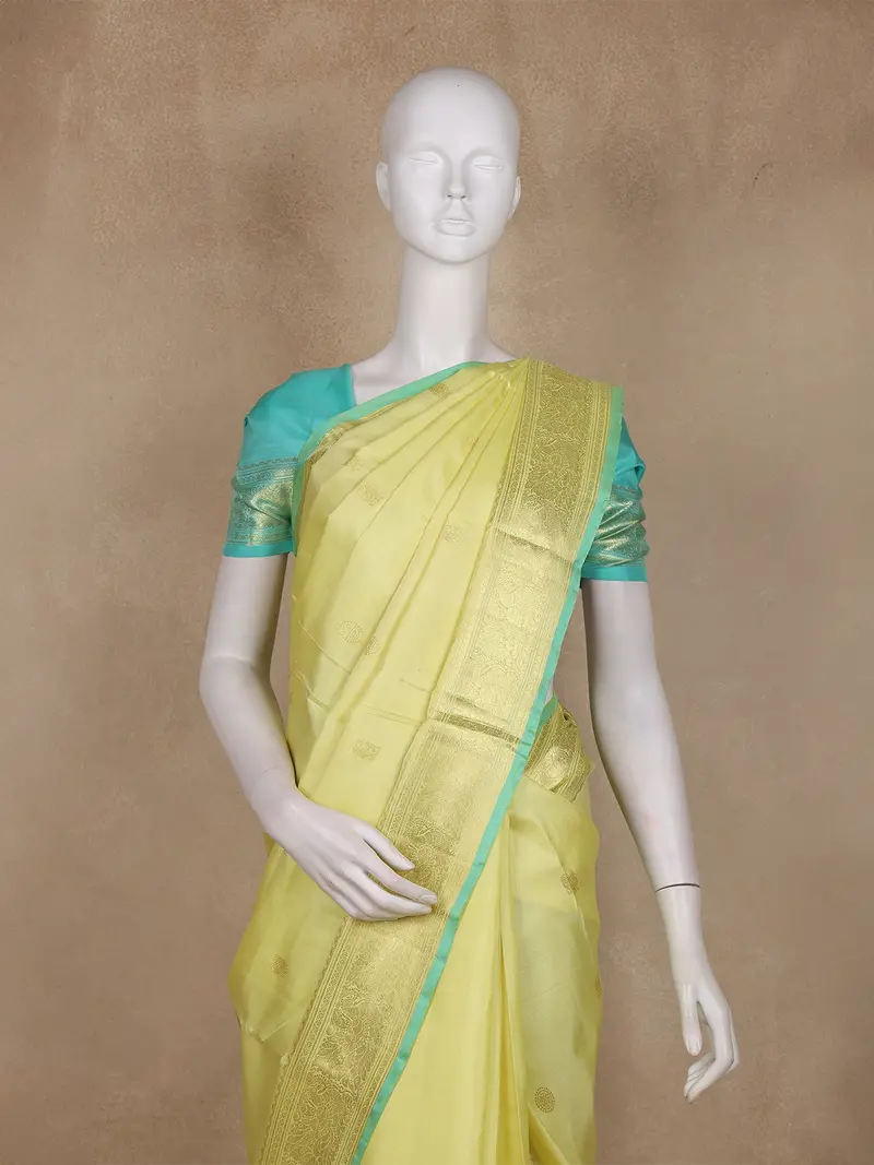Lemon Yellow Zari Butta Woven Design Banarasi Saree With Contrast Border 2
