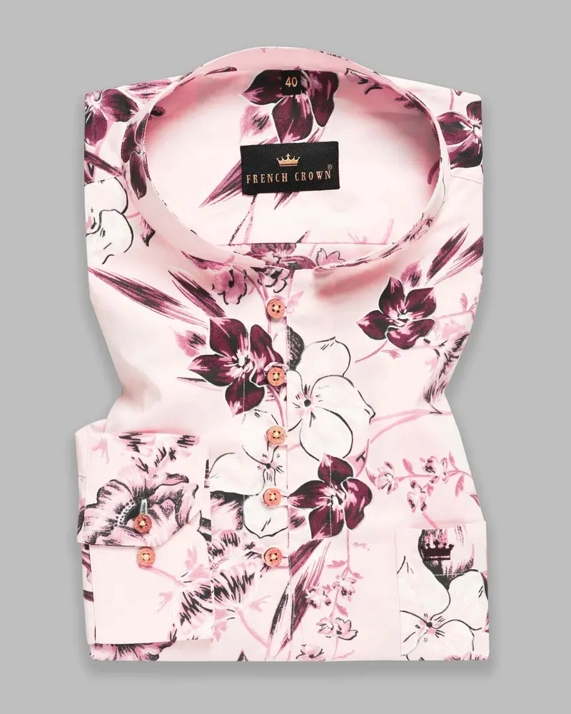Lemonade Large Scale Flowers Printed Indian Kurta Style Premium Cotton Shirt 2