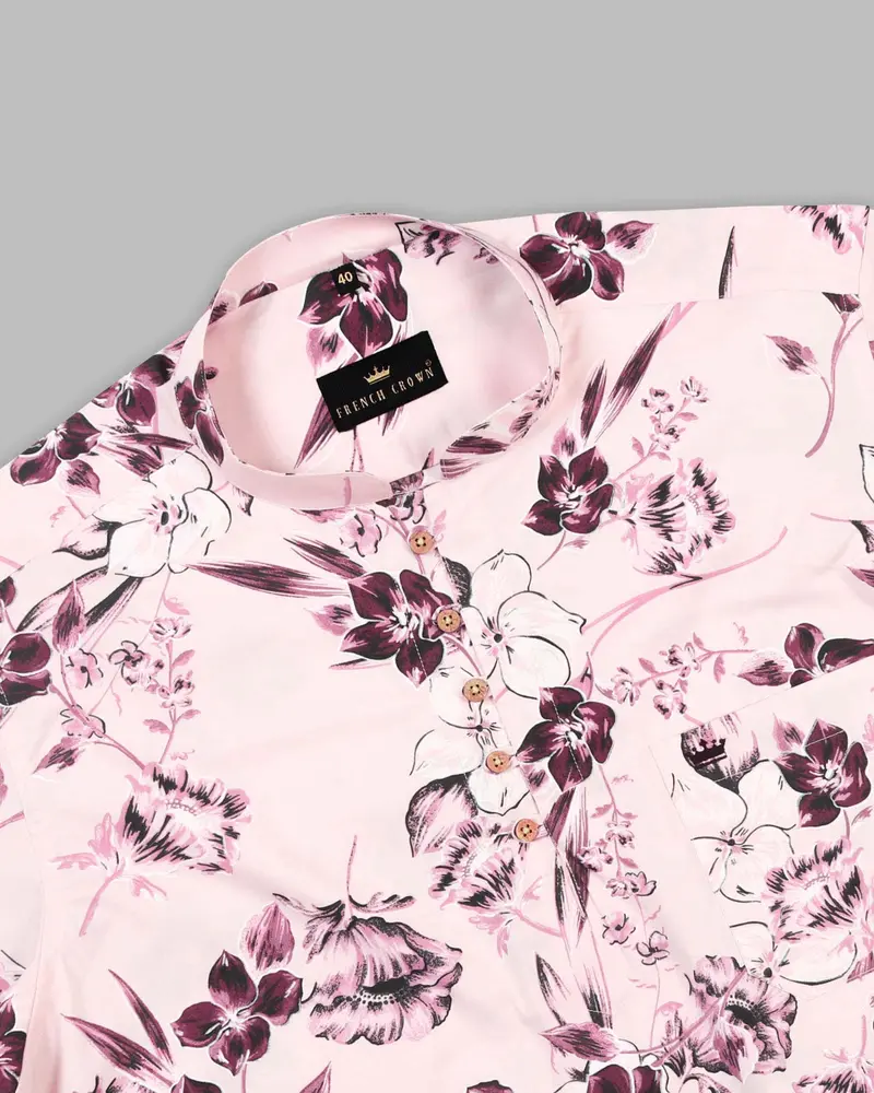 Lemonade Large Scale Flowers Printed Indian Kurta Style Premium Cotton Shirt 5