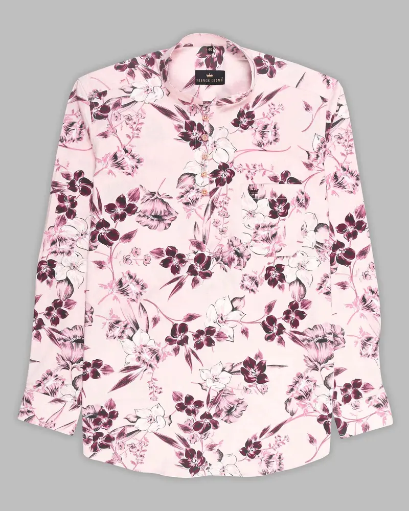 Lemonade Large Scale Flowers Printed Indian Kurta Style Premium Cotton Shirt 6