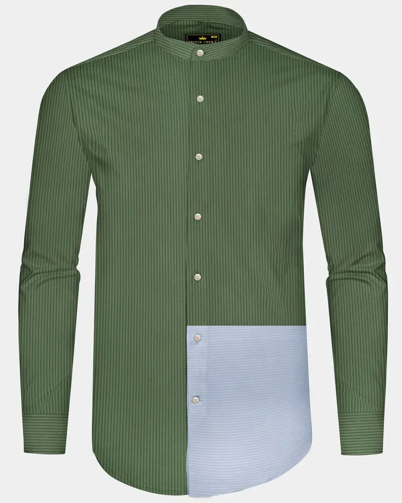 Lichen Green With Geyser Blue Striped Seersucker Giza Cotton Shirt 1