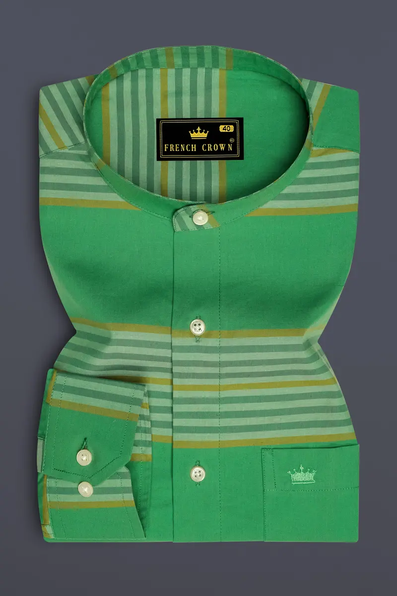 Lichen Green With Laser Yellow Striped Premium Cotton Shirt 4