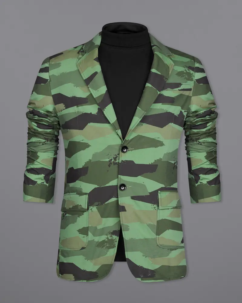 Lichen Green With Thunder Brown Camouflage Single Breasted Designer Blazer 8