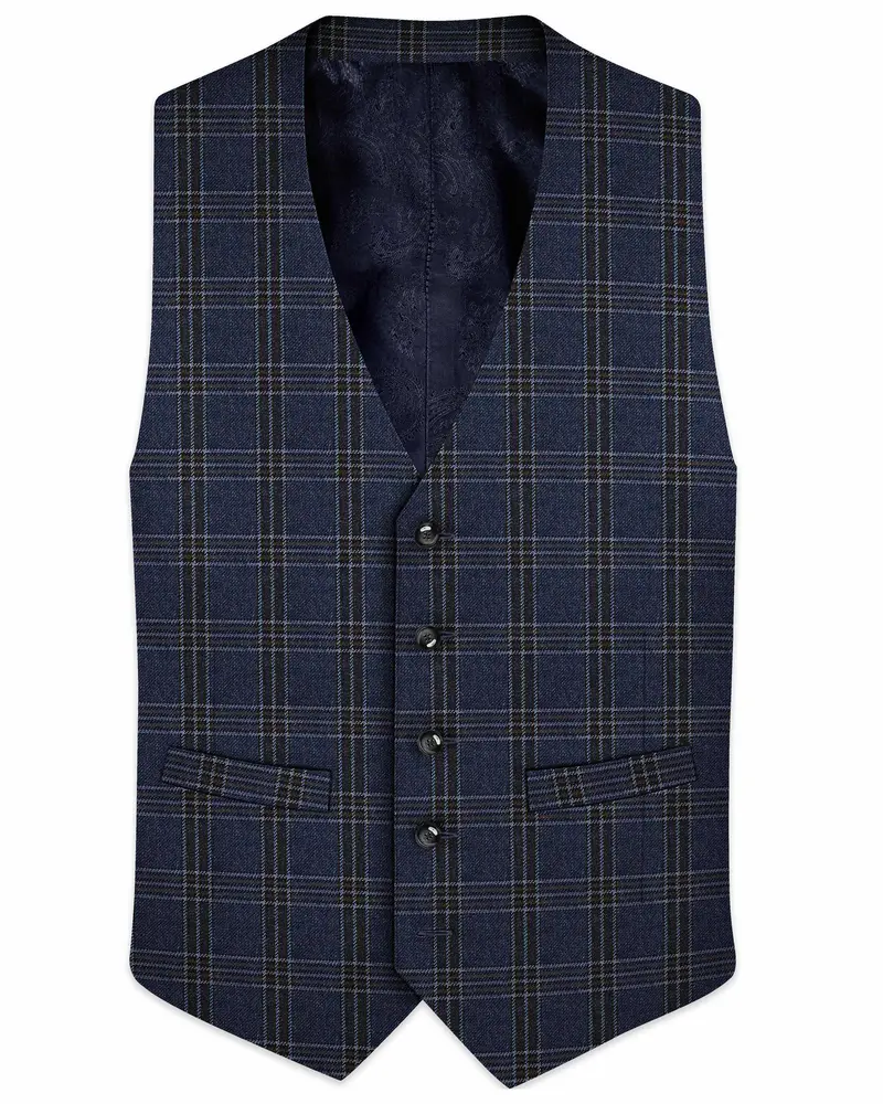 Licorice Blue Plaid Heavyweight Tweed Wool Rich Waistcoat 1