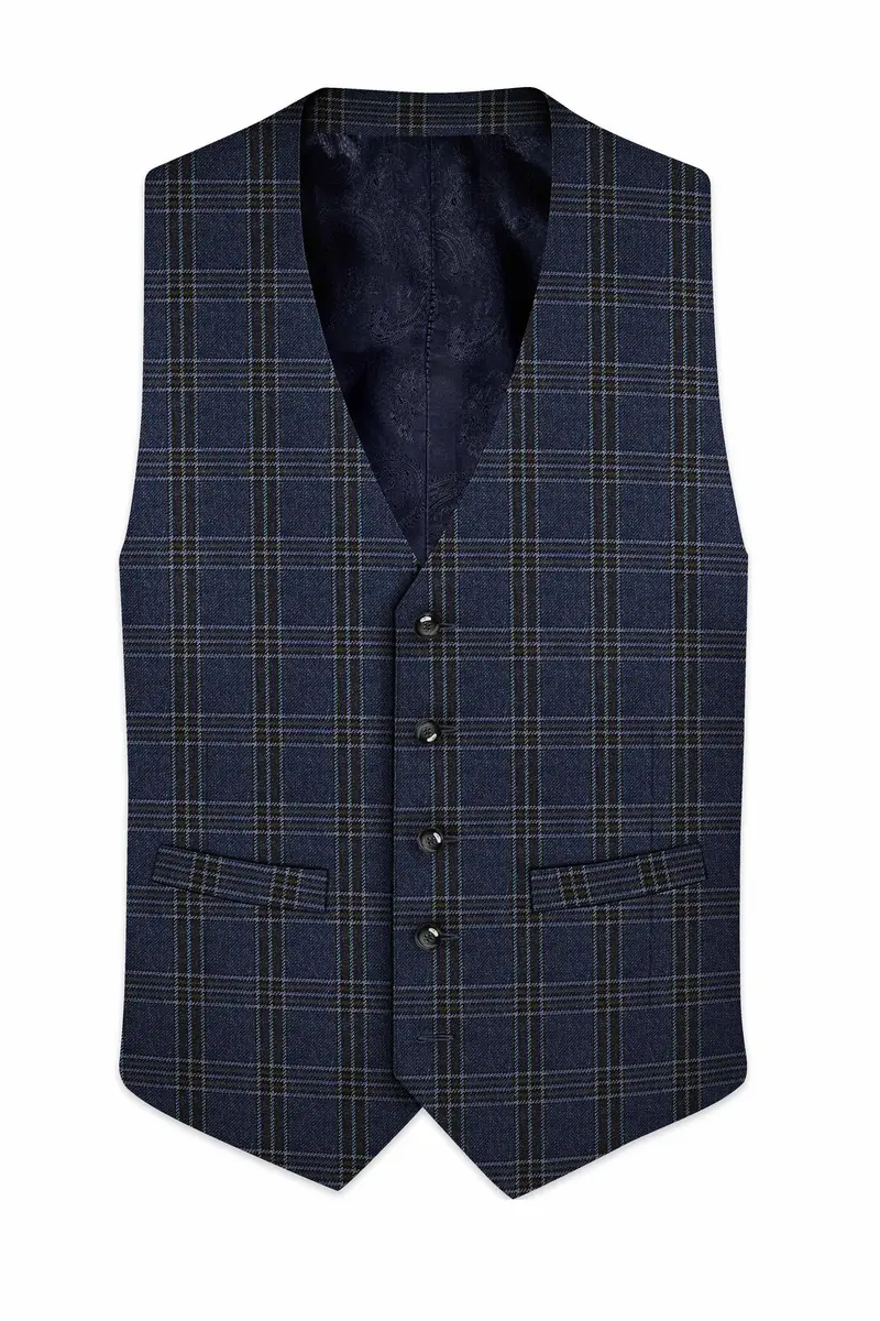 Licorice Blue Plaid Heavyweight Tweed Wool Rich Waistcoat 2