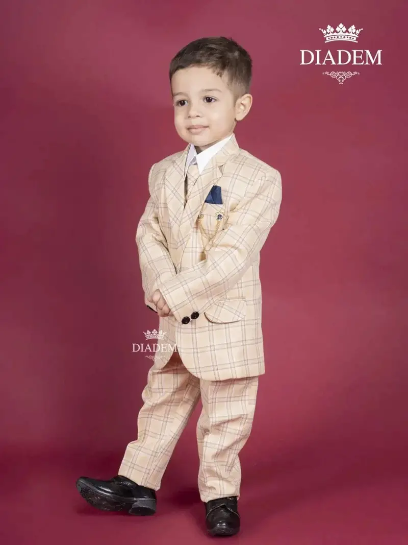 Light Apricot Windowpane Checked Coat Suit With Tie And Brooch 1