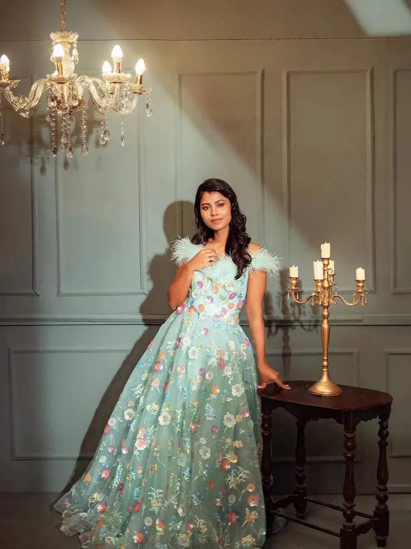 Light Aqua Net With Floral Threadwork And Sequins Gown 1