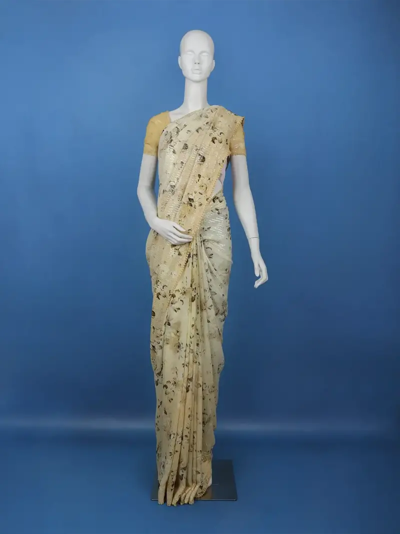 Light Beige Floral Print Sequin Design Chiffon Saree 1