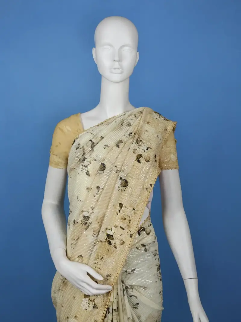 Light Beige Floral Print Sequin Design Chiffon Saree 2