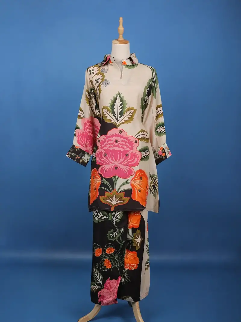 Light Beige Floral Printed Cotton Palazzo Suit 1