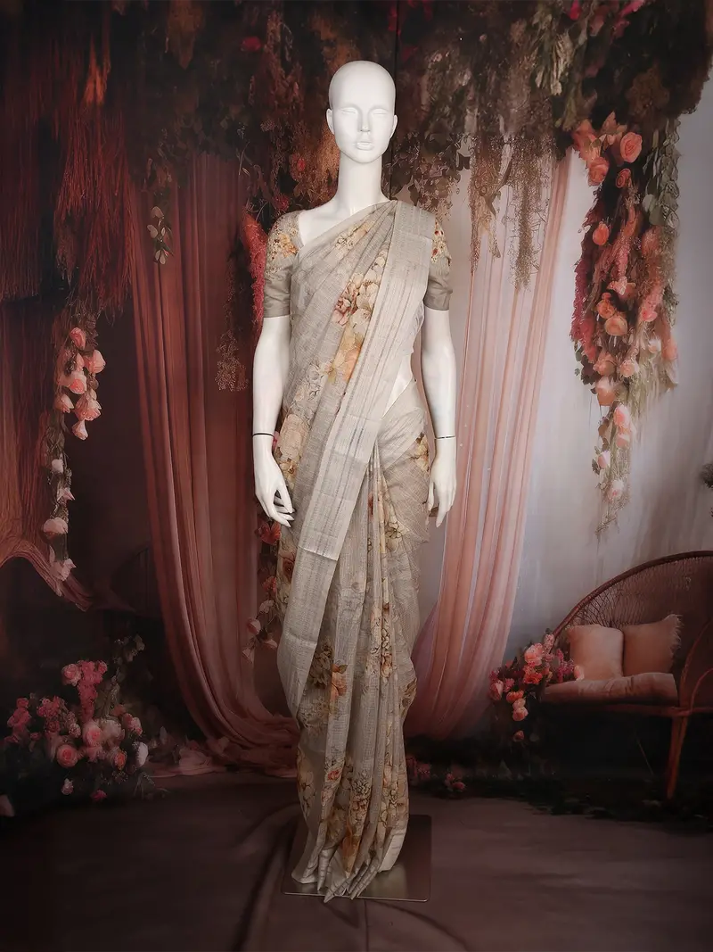 Light Beige Floral Printed Kota Cotton Saree With Woven Border 1