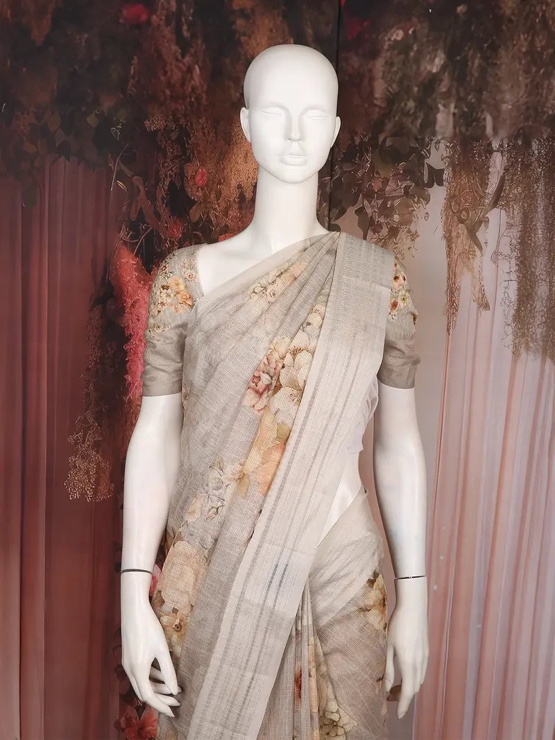 Light Beige Floral Printed Kota Cotton Saree With Woven Border 2