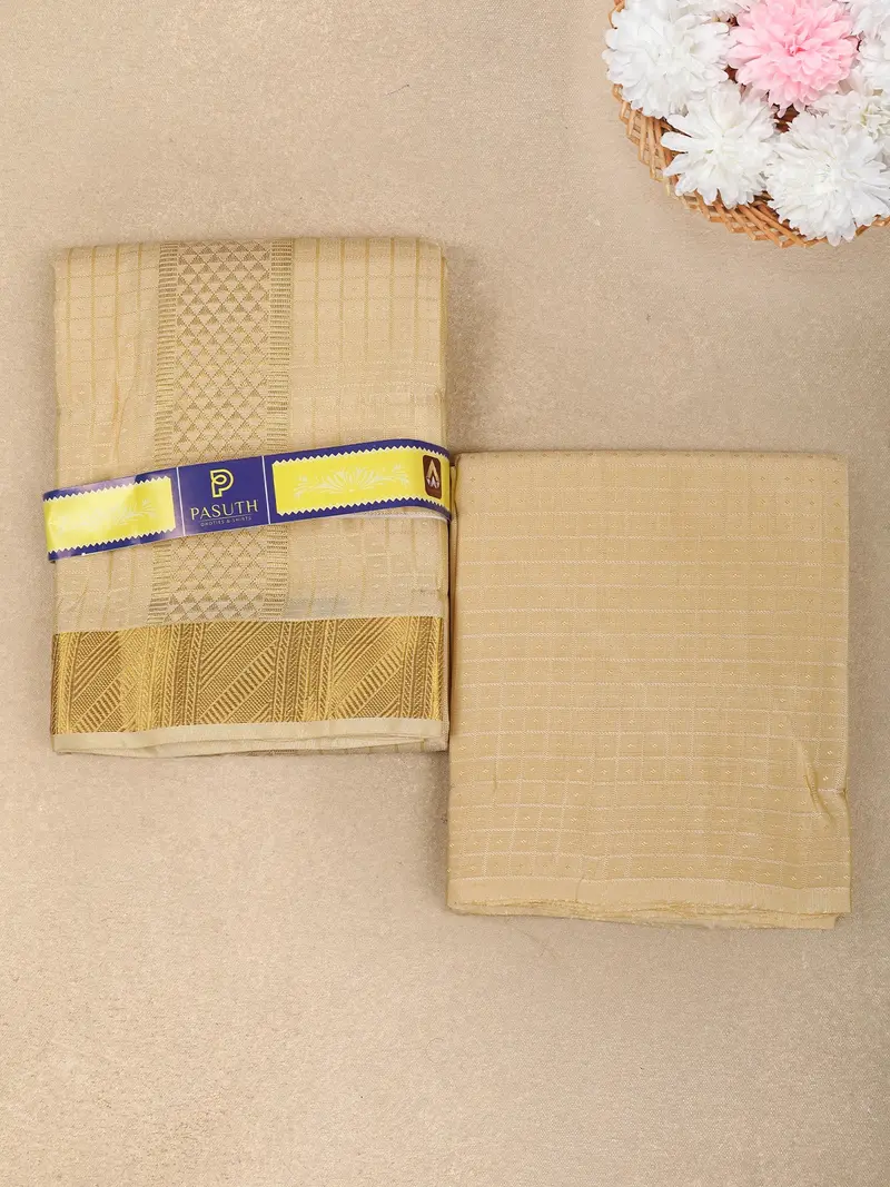 Light Beige Geometric Woven Design Unstitched Shirt With Matching Dhoti Set With Zari Border 1