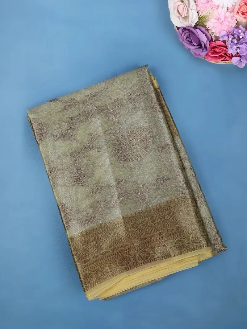 Light Beige Gold Floral Design Woven Tissue Silk Saree 1
