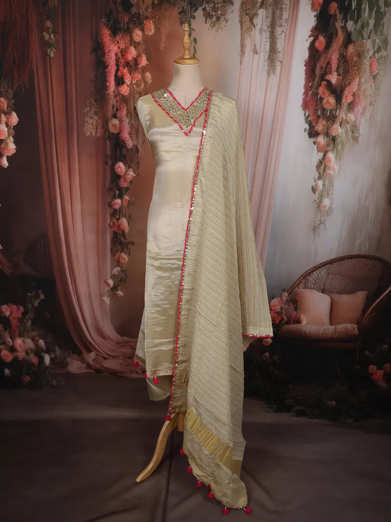 Light Beige Mirror Embroidered Design Tissue Silk Unstitched Salwar Material With Dupatta 1