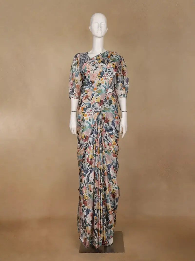 Light Beige Multicolor Floral Printed Synthetic Saree With Embroidered Blouse 1