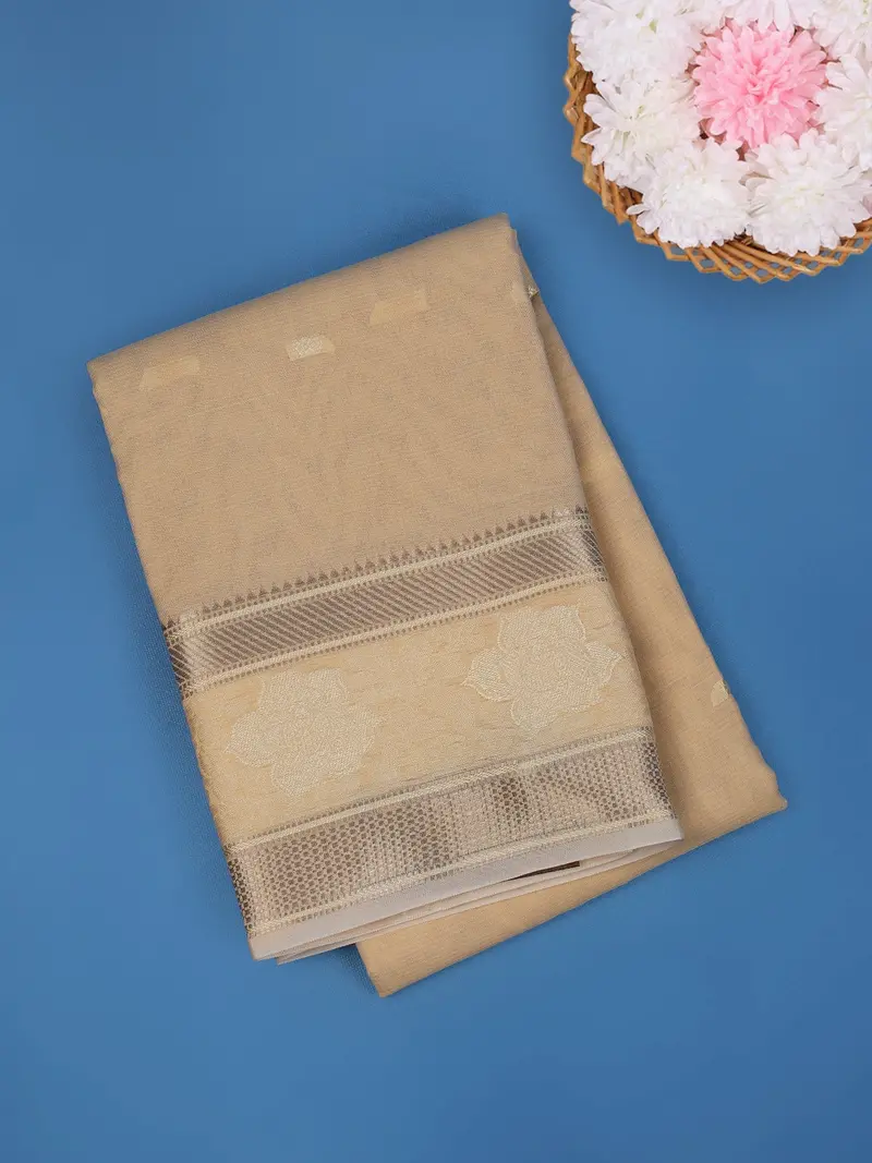 Light Beige Solid Design Fancy Cotton Saree 1
