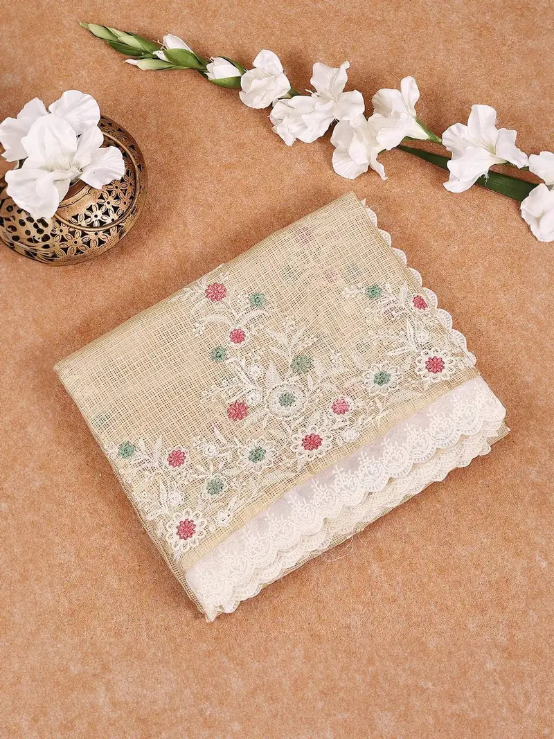 Light Beige Tissue Banarasi Saree With Chikankari Work On The Body And Floral Lace Border 1