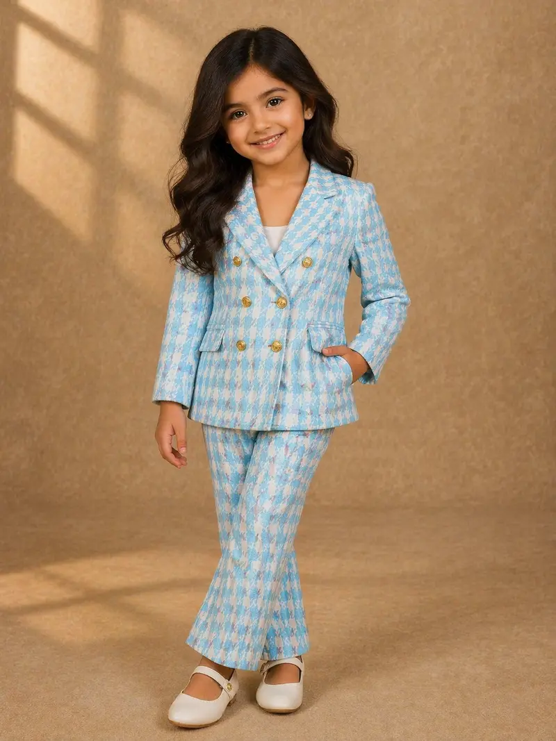 Light Blue And White Houndstooth Pattern Double-Breasted Blazer With Gold Buttons 1