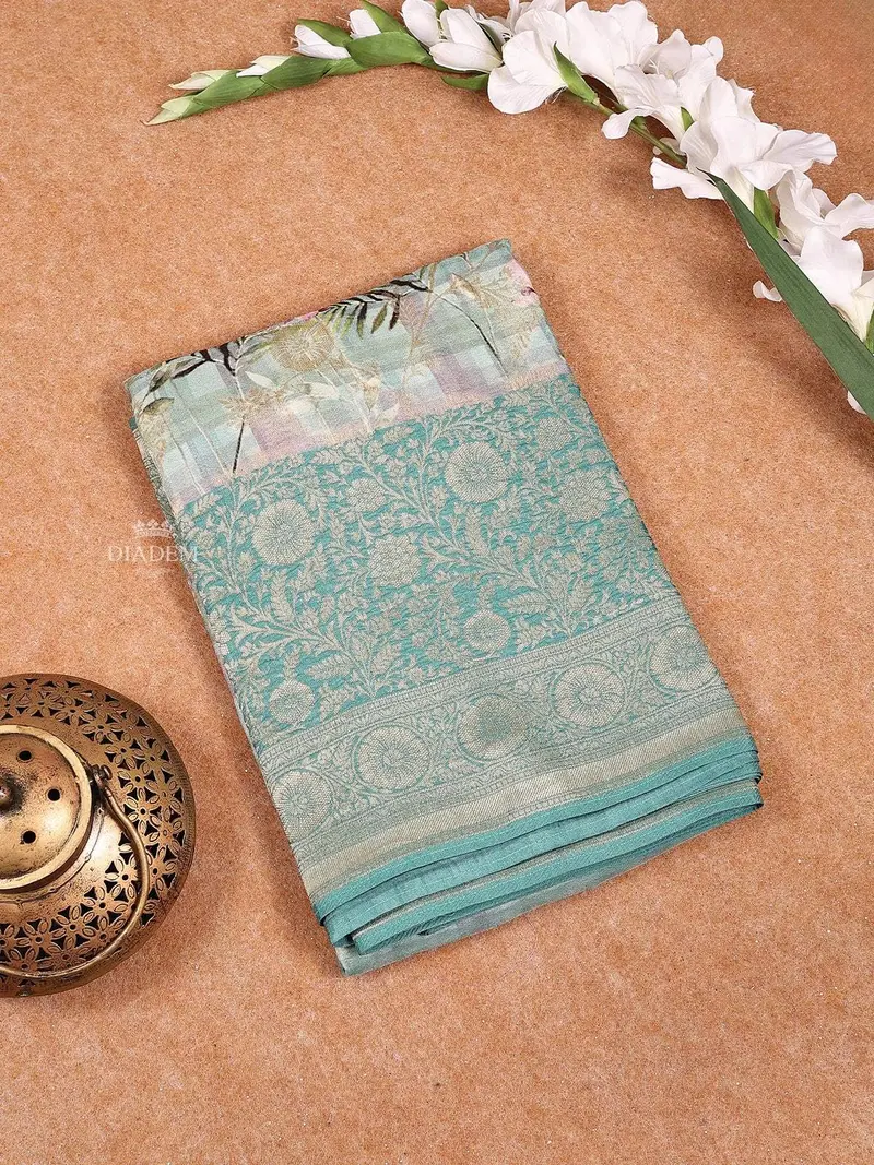 Light Blue Banarasi Saree With Floral Design On The Body With Contrast Border 1