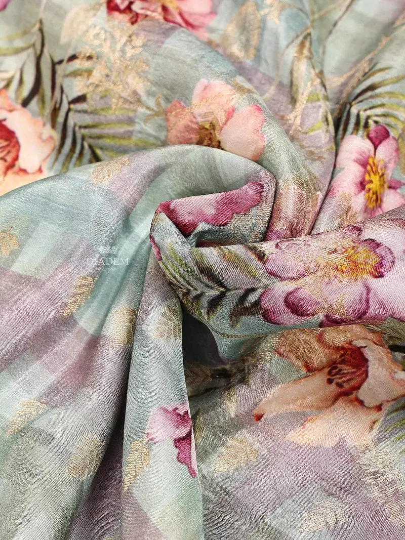 Light Blue Banarasi Saree With Floral Design On The Body With Contrast Border 2