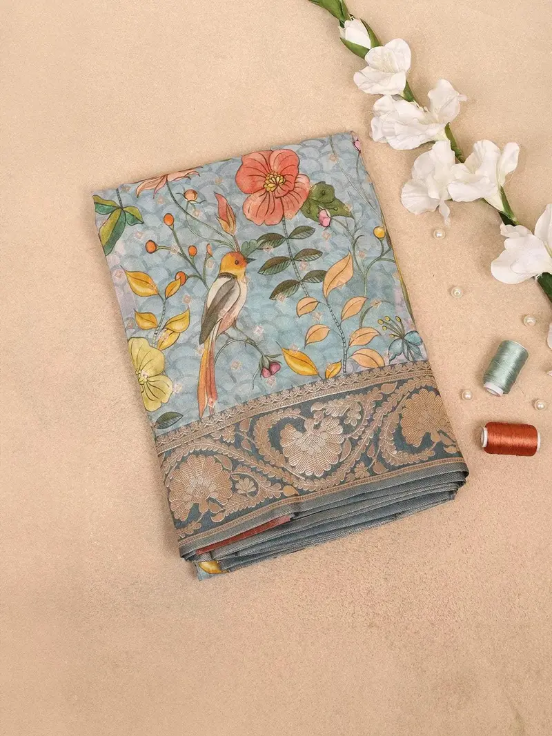 Light Blue Banarasi Saree With Floral Design On The Body With Designed Border 1