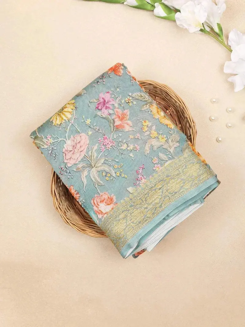 Light Blue Chanderi Silk Saree With Flower And Leaf Design On The Body With Designed Border 1