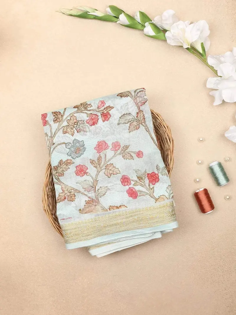 Light Blue Chanderi Silk Saree With Flower Vines Design On The Body With Designed Border 1