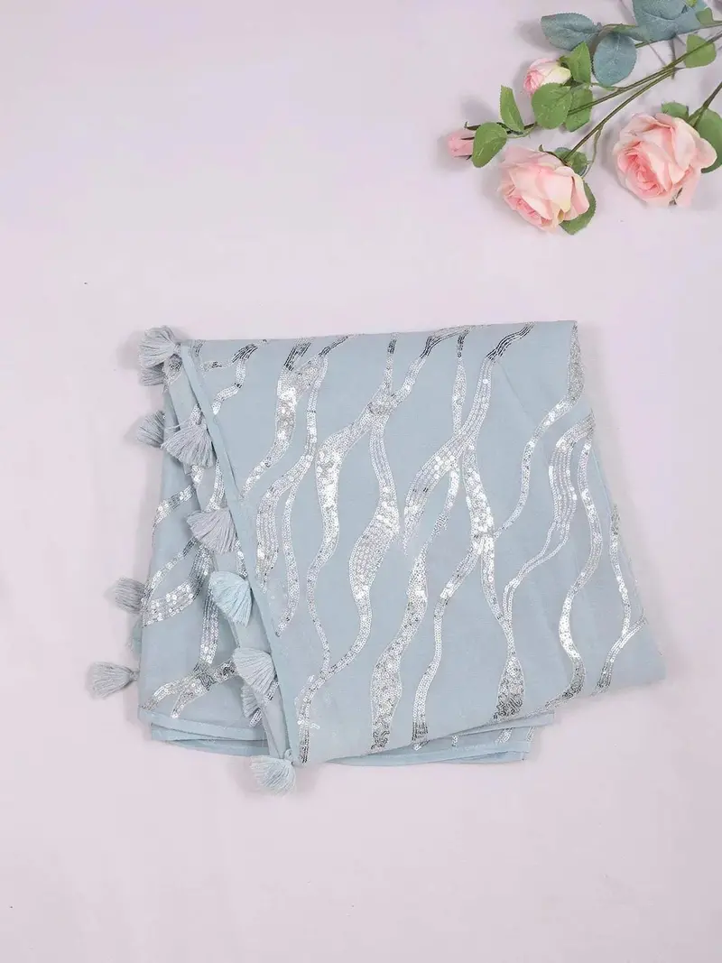 Light Blue Chiffon Saree With Sequins Designs On The Body And Embroidery Border 1