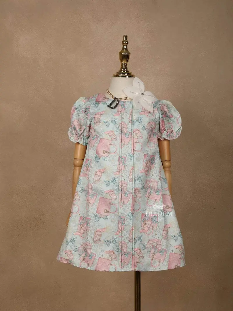 Light Blue Cotton Frock Adorned With Prints And 3D Flowers 1