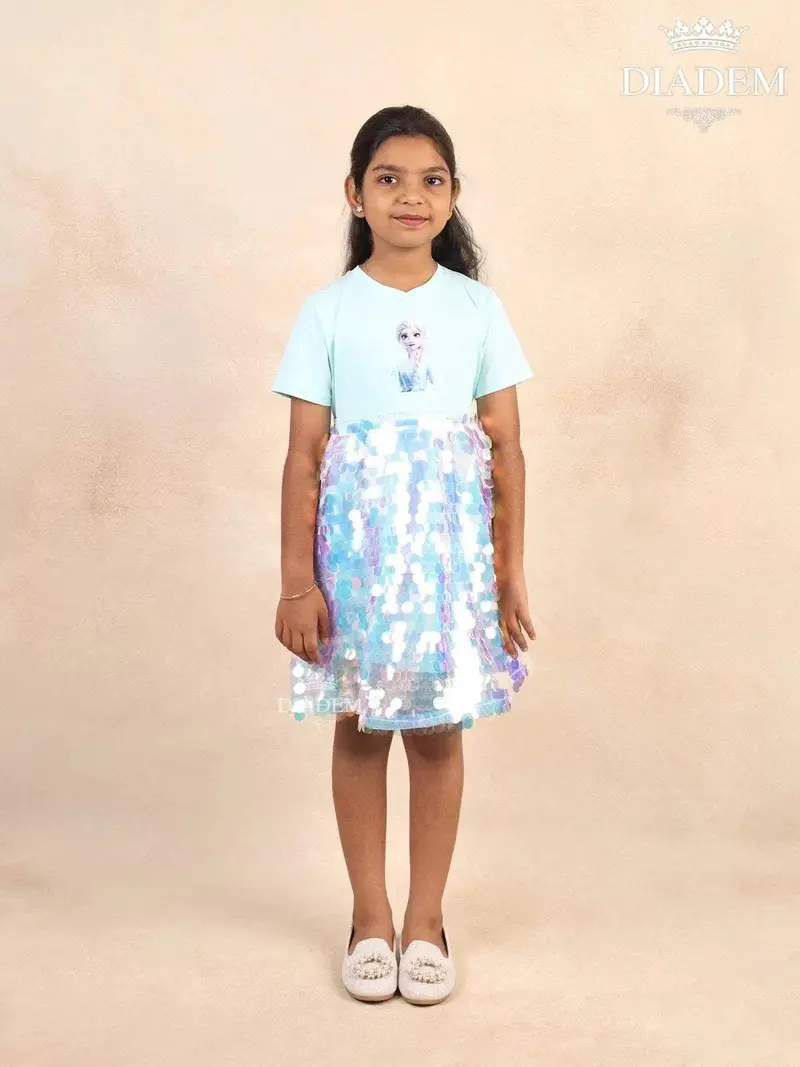 Light Blue Cotton Frock With Prints And Net Sequins 1