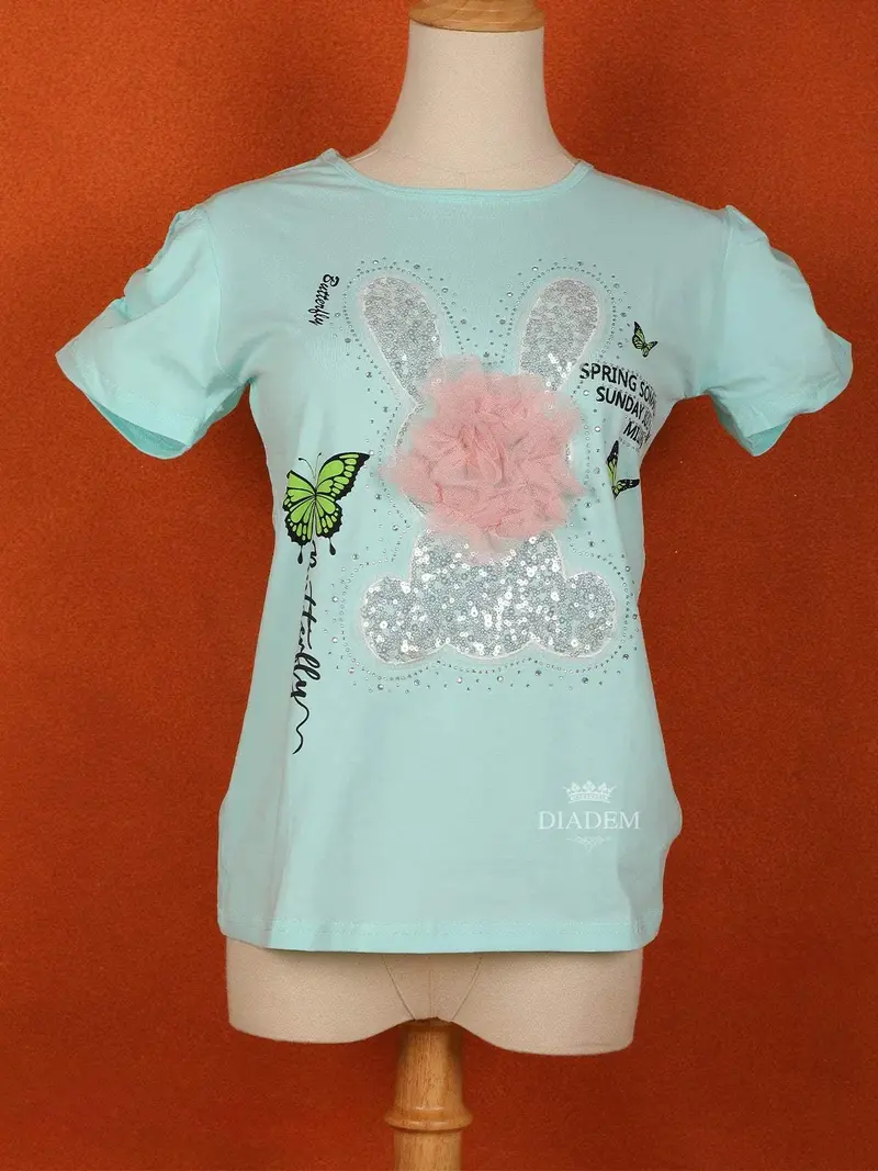 Light Blue Cotton Half Sleeve T-Shirt For Girls 1