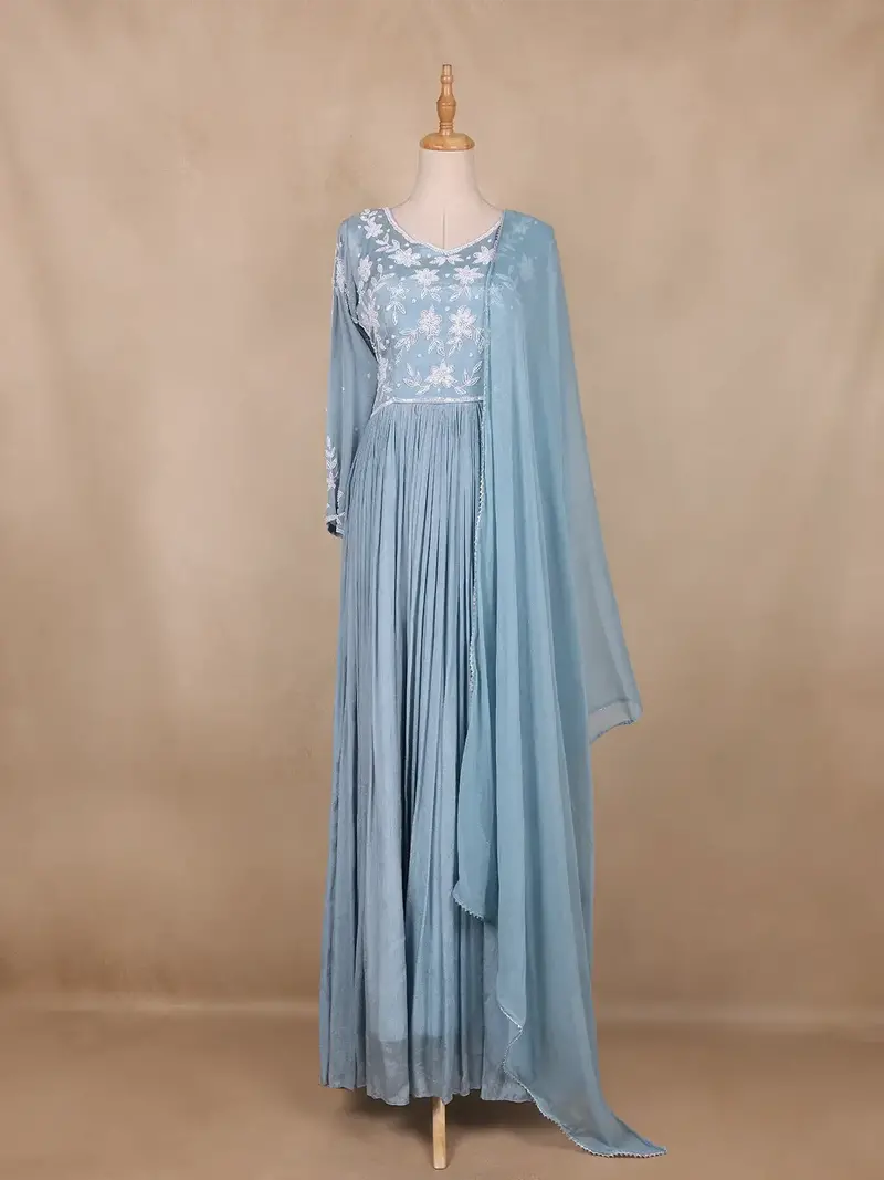 Light Blue Floral Design Crepe Gown 1