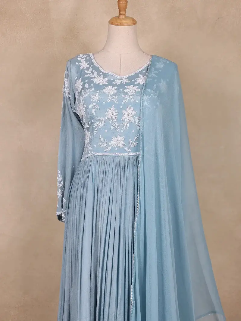 Light Blue Floral Design Crepe Gown 2