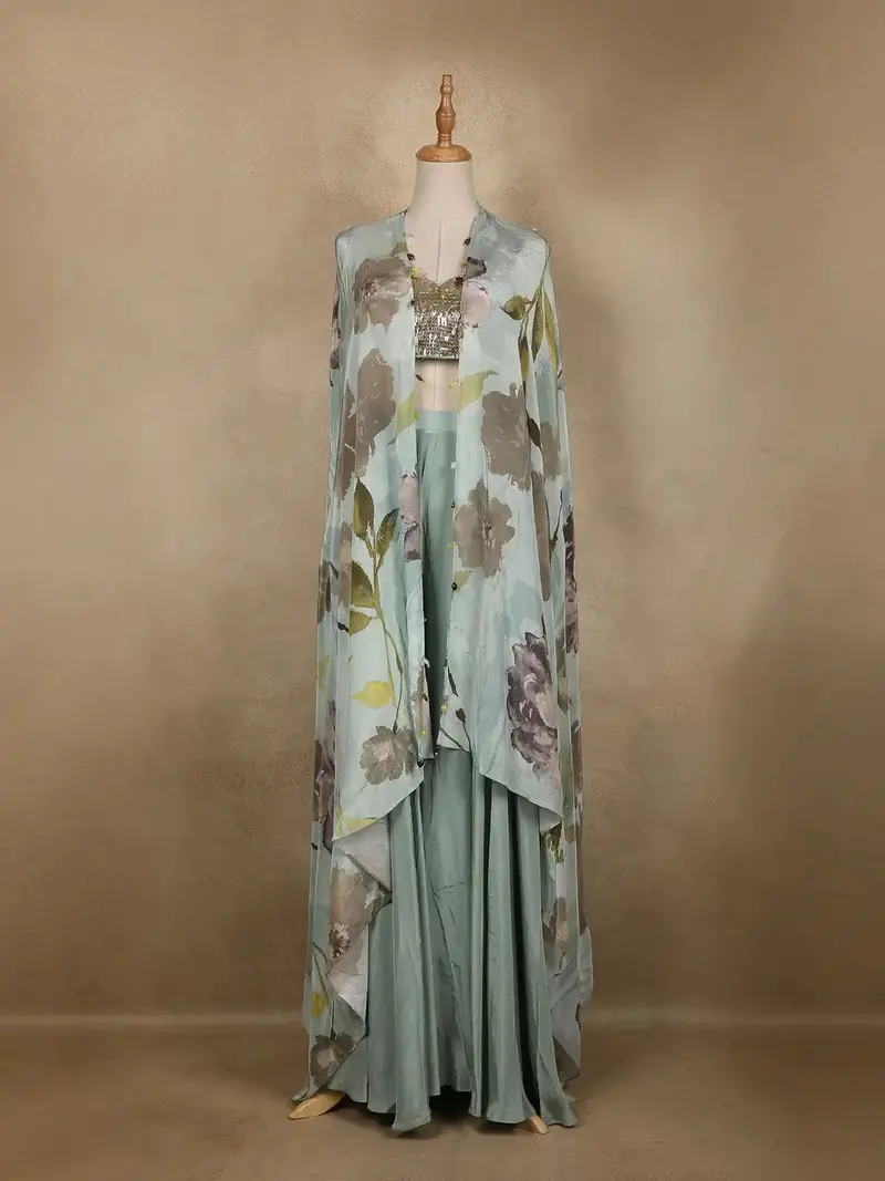Light Blue Floral Design Crepe Palazzo Suit 1
