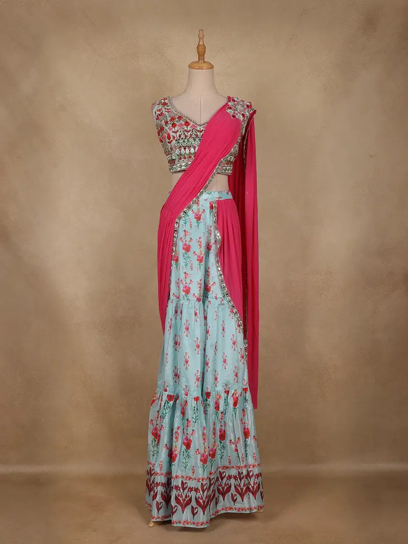 Light Blue Floral Design Crepe Silk Palazzo Suit 1