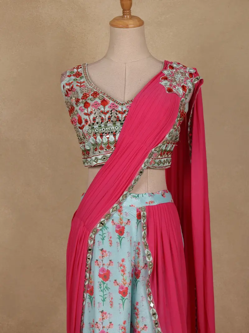 Light Blue Floral Design Crepe Silk Palazzo Suit 2