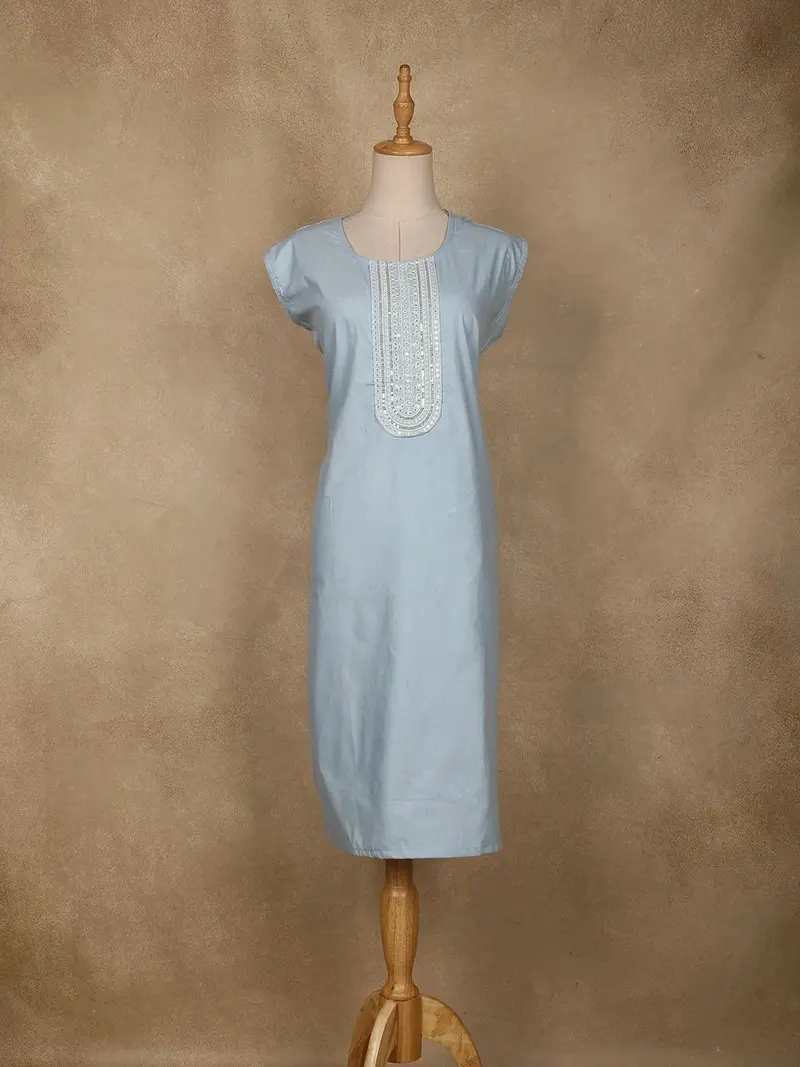 Light Blue Floral Designed Cotton Kurti 1