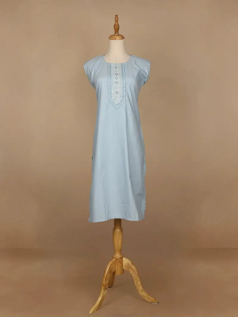 Light Blue Floral Designed Cotton Kurti 1
