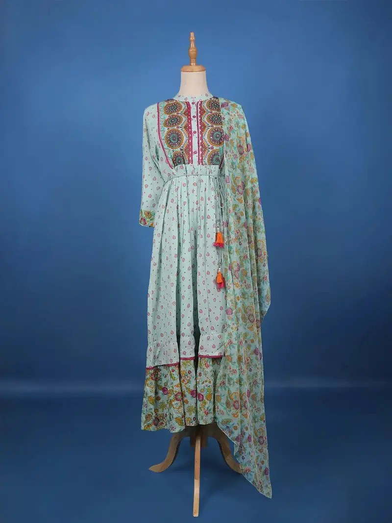 Light Blue Floral Designed Cotton Kurti 1