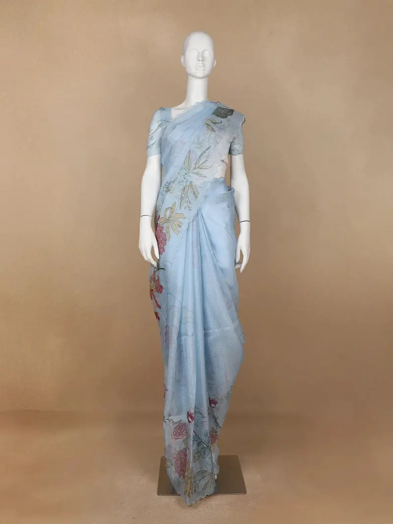 Light Blue Floral Designed Cotton Saree 1