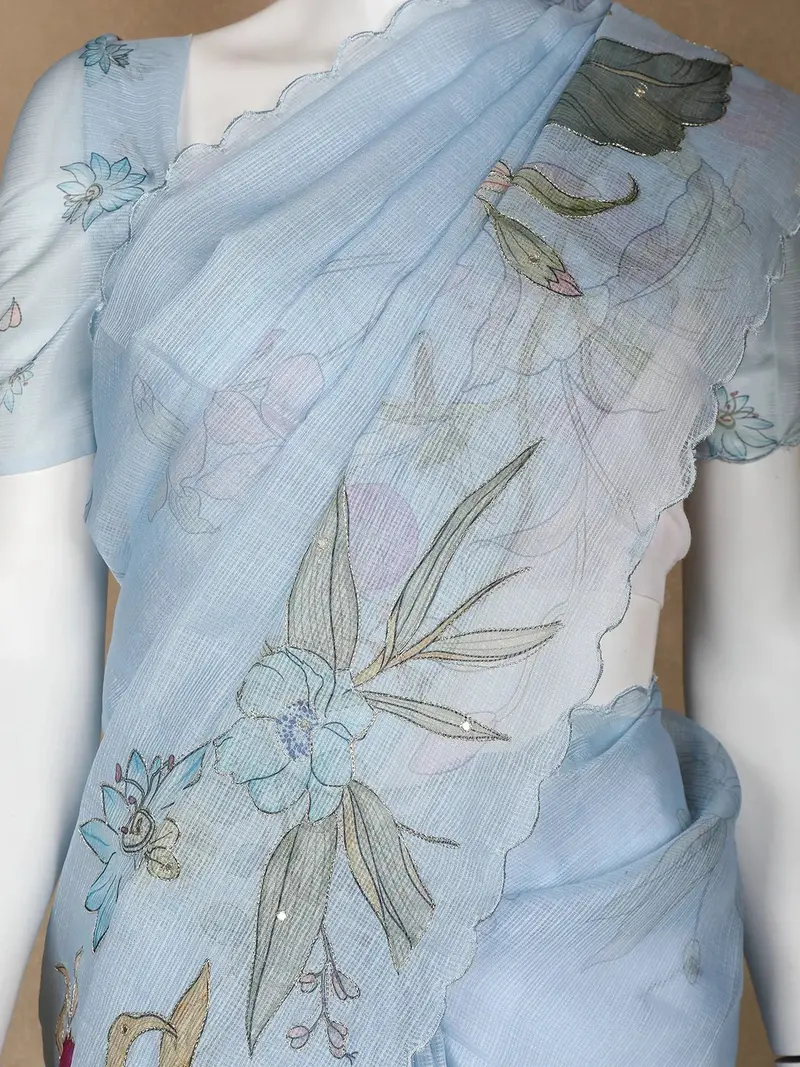 Light Blue Floral Designed Cotton Saree 2