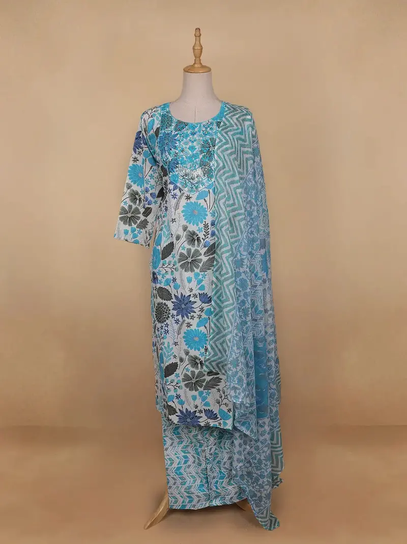 Light Blue Floral Designed Cotton Straight Cut Salwar Suit 1