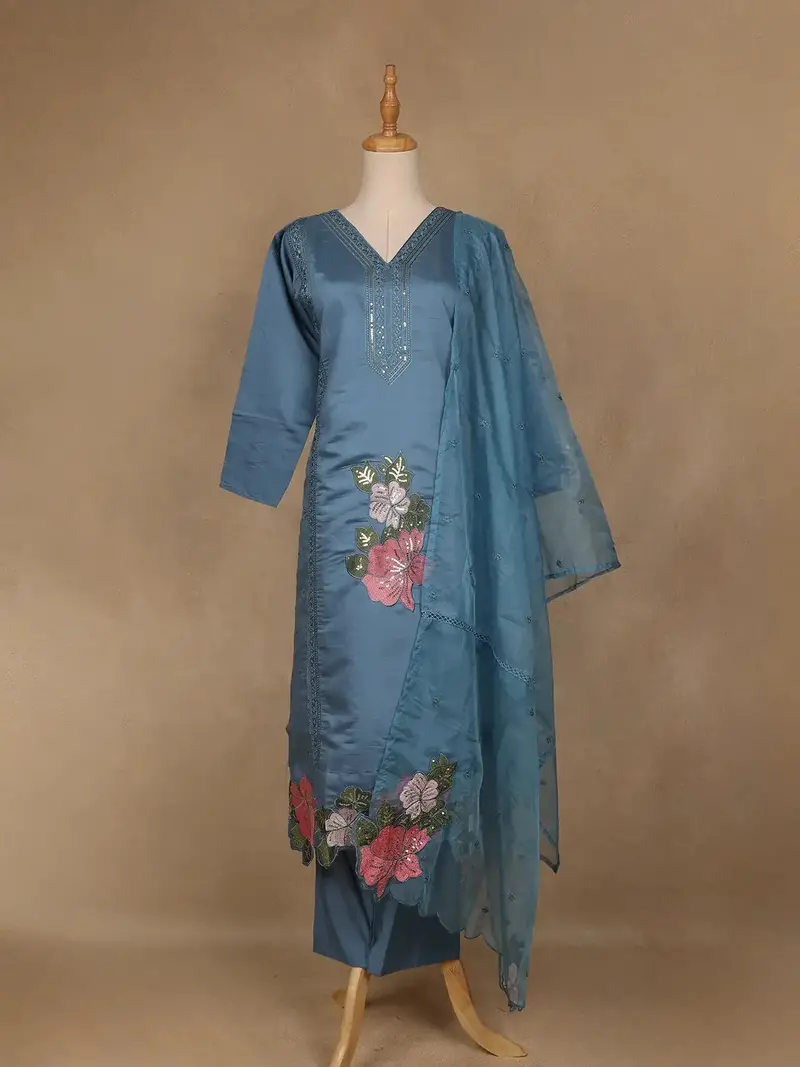 Light Blue Floral Designed Embroidered Georgette Salwar Suit 1
