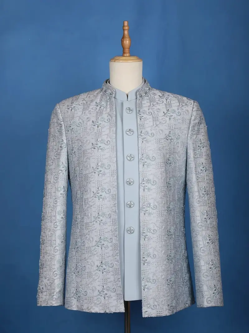 Light Blue Floral Designed Jodhpuri Men's Suit 1
