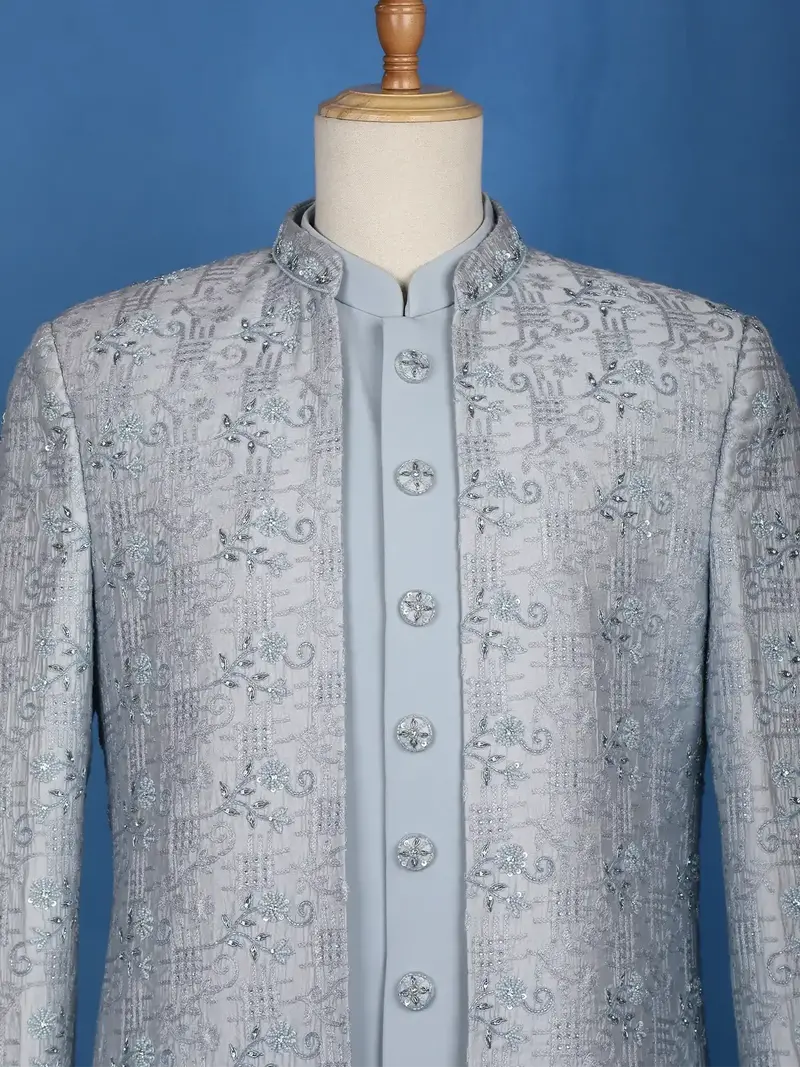 Light Blue Floral Designed Jodhpuri Men's Suit 2