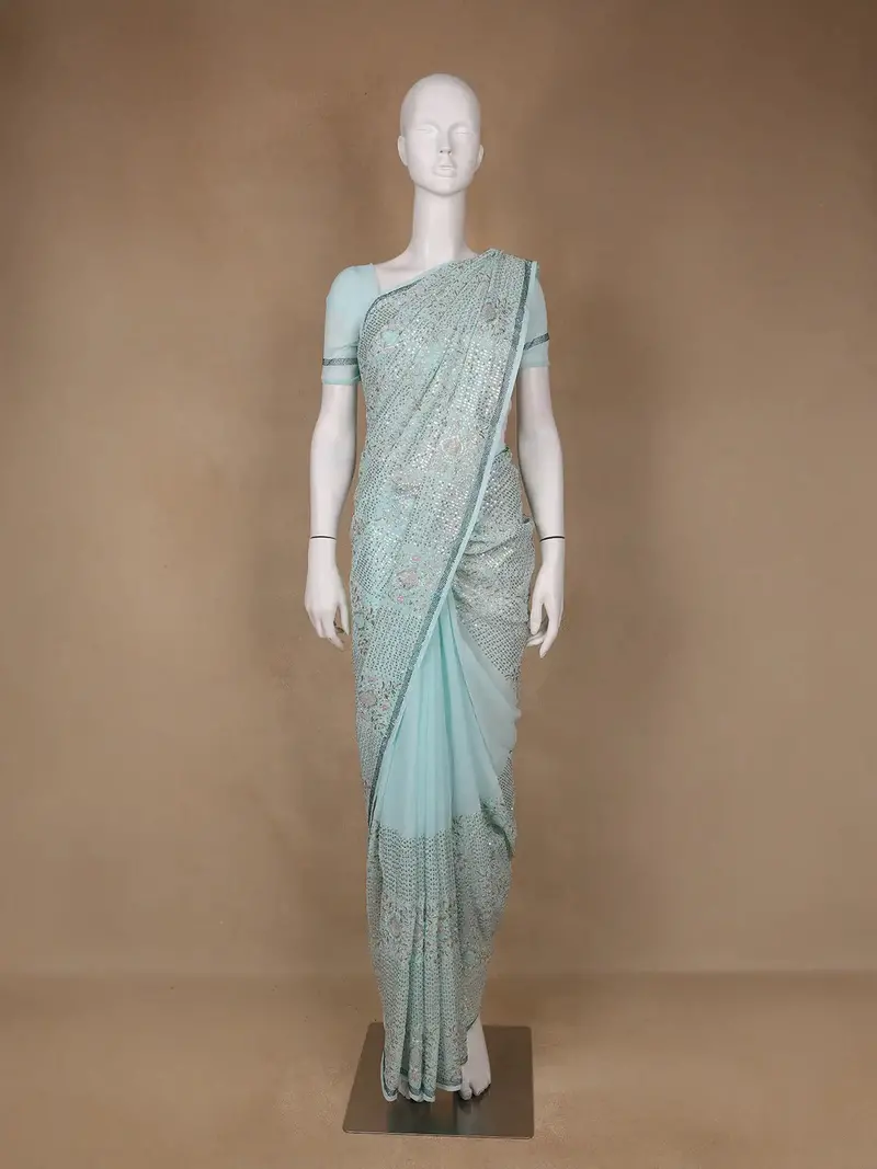 Light Blue Floral Designed Organza Designer Saree 1